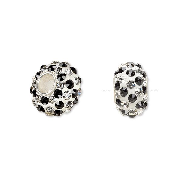 Bead, Dione®, Czech glass rhinestone / epoxy / sterling silver grommets, white / clear / black, 14x8mm rondelle with spiral design, 4.5mm hole. Sold individually. image number 0
