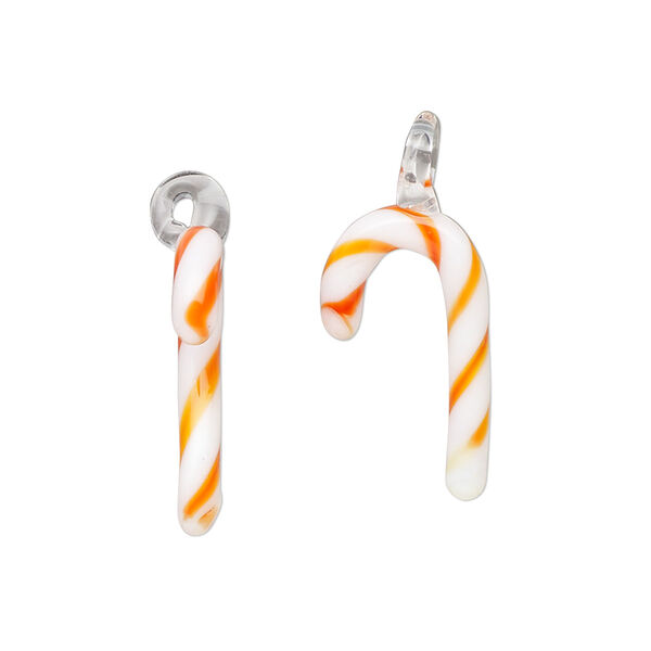 Drop, lampworked glass, opaque red-orange / orange / white, 16x8mm-22x12mm candy cane. Sold per pkg of 2. image number 0