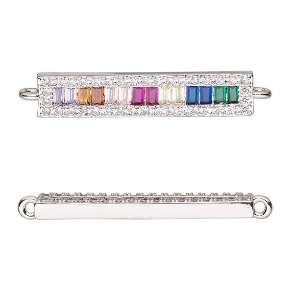 Link, cubic zirconia and silver-finished brass, multicolored, 27.5x5.5mm single-sided flat bar. Sold individually. image number 0