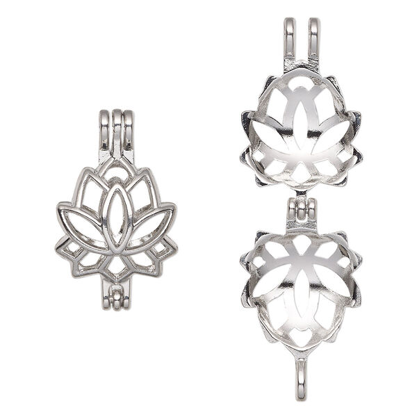 Pendant, imitation rhodium-finished "pewter" (zinc-based alloy), 26.5x16mm double-sided lotus bead cage with 12mm rivoli setting, fits up to 8mm bead. Sold individually. image number 0