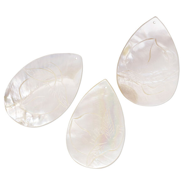 Focal mix, mother-of-pearl shell (natural), 52x40mm-62x42mm teardrop with carved peach design, Mohs hardness 3-1/2. Sold per pkg of 3. image number 0