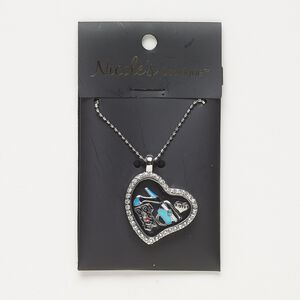 Necklace, glass / enamel / silver- / antique silver-finished "pewter" (zinc-based alloy) / steel, multicolored, 28x27mm heart with mixed designs, 24 inches with 2-inch extender chain and lobster claw clasp. Sold individually.