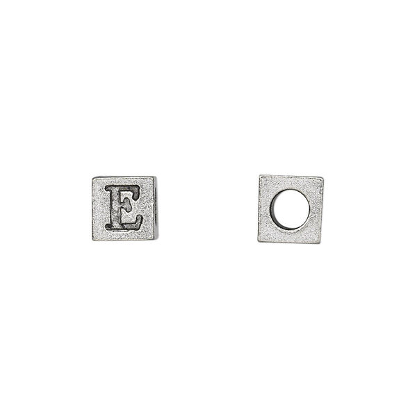 Bead, antiqued pewter (tin-based alloy), 7mm cube with Greek letter, EPSILON. Sold per pkg of 4. image number 0