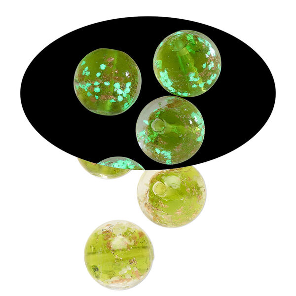 Bead, lampworked glass, clear / peridot green / glow-in-the-dark / gold, 14mm round. Sold per pkg of 4. image number 0