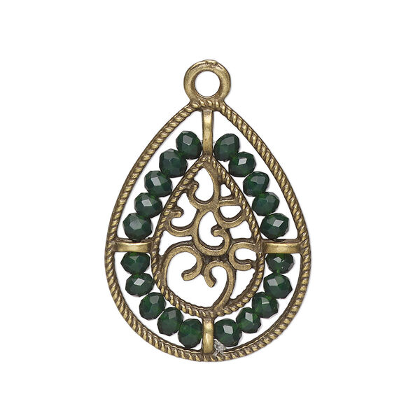 Drop, antique brass-finished "pewter" (zinc-based alloy), emerald green, 27.5 x 21.5mm teardrop with hearts and beaded border. Sold per pkg of 2. image number 0