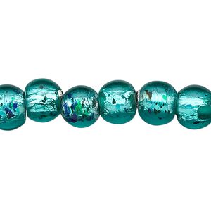 Bead, lampworked glass, teal with silver-colored foil, 8mm round. Sold per 15-1/2" to 16" strand.