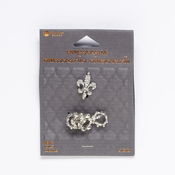Slide mix, glass and silver-finished "pewter" (zinc-based alloy), clear, (2) 12x4mm rondelle / (2) 12x6mm crown / (1) 21x15mm fleur-de-lis with 6 and 6.5mm holes. Sold per pkg of 5. image number 0