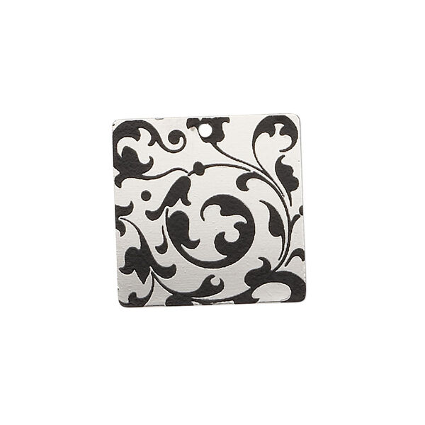 Drop, imitation rhodium-finished carbon steel, black, 20x20mm single-sided square with vine design. Sold per pkg of 4. image number 0