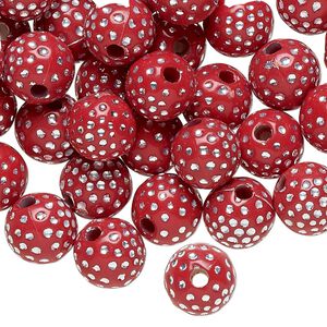Bead, acrylic, red and silver, 10mm round with dots. Sold per pkg of 100.