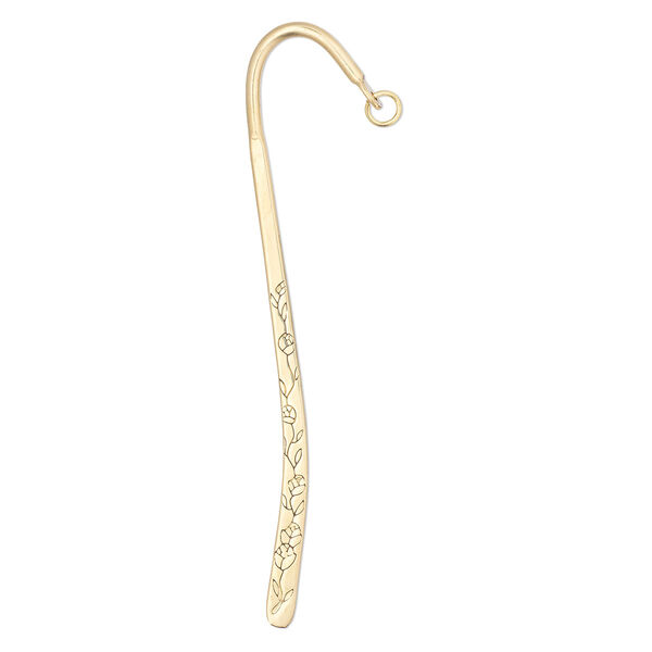 Bookmark, brass, 5-inch double-sided curved hook with engraved flowers and 7mm open jump ring. Sold per pkg of 2. image number 0