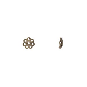 Bead cap, antique gold-plated brass, stamped, 6x2mm round with cutout pattern, fits 6-8mm bead. Sold per pkg of 100.
