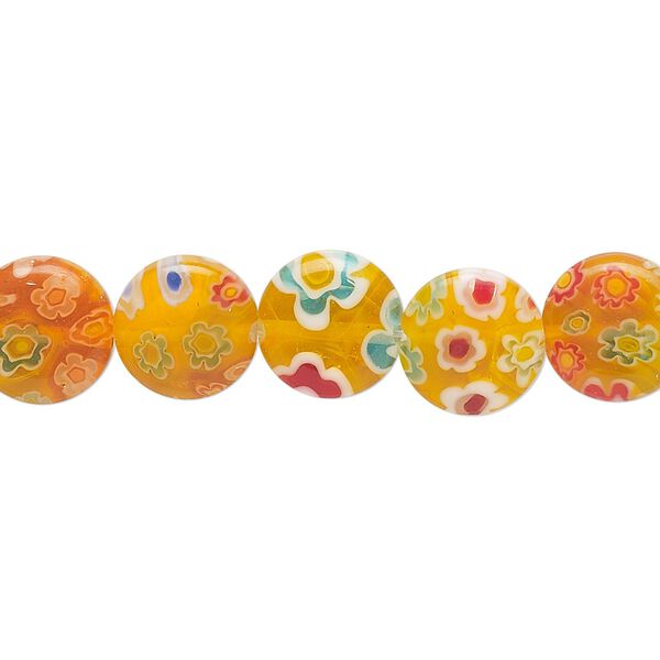 Bead, millefiori glass, translucent orange and multicolored, puffed flat round 10mm with flower design. Sold per 14-inch strand. image number 0