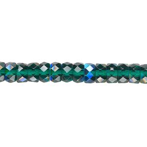 Bead, Czech fire-polished glass, emerald green AB, 6x3mm faceted rondelle. Sold per 15-1/2" to 16" strand.