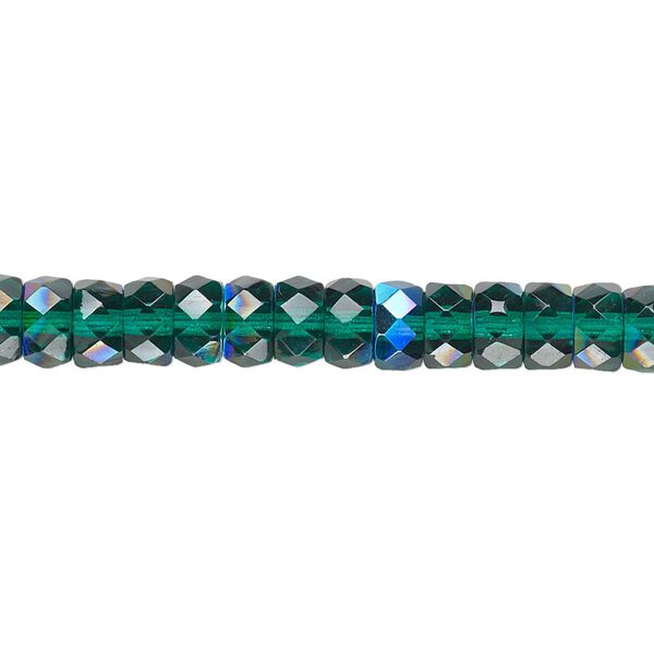 Bead, Czech fire-polished glass, emerald green AB, 6x3mm faceted rondelle. Sold per 15-1/2" to 16" strand. image number 0