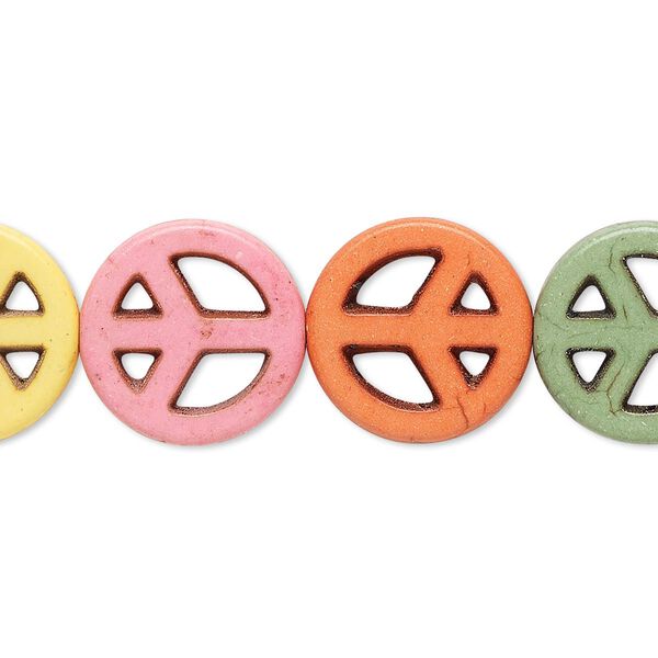 Bead mix, "howlite" (resin) (imitation), mixed color, 14-15mm peace sign. Sold per 15-inch strand. image number 0