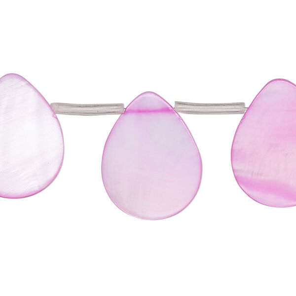 Bead, mother-of-pearl shell (dyed), pink, 18x8mm-19x11mm top-drilled flat teardrop, Mohs hardness 3-1/2. Sold per 15-inch strand, approximately 15 beads. image number 0