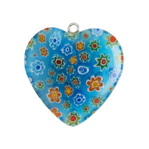 Focal 1pkg1, silver-finished steel / millefiori glass, translucent aqua blue / multicolored, 29-31mm puffed heart.