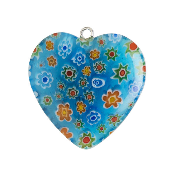 Focal 1pkg1, silver-finished steel / millefiori glass, translucent aqua blue / multicolored, 29-31mm puffed heart. image number 0