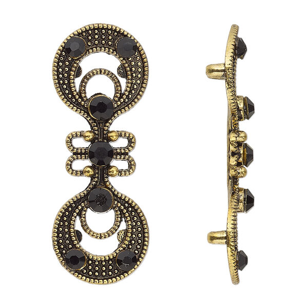 Spacer, antiqued gold-finished "pewter" (zinc-based alloy) and Czech glass rhinestone, black, 37x14mm 2-strand fancy double circle. Sold per pkg of 4. image number 0