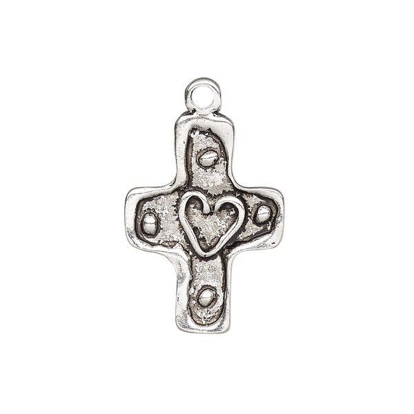 Drop, antique silver-plated "pewter" (zinc-based alloy), 25x18mm single-sided cross with heart and dots design. Sold per pkg of 2. image number 0