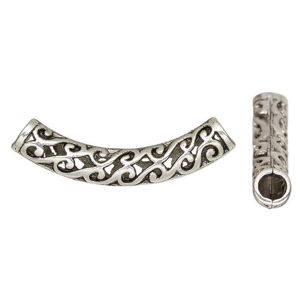 Bead, antique silver-finished "pewter" (zinc-based alloy), 52x16mm curved tube with cutout wave design. Sold per pkg of 2. image number 0