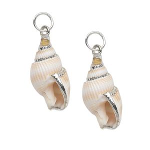Drop, nassa shell (natural) and silver-plated steel, white / light brown / dark brown, 26x12mm. Sold per pkg of 2.