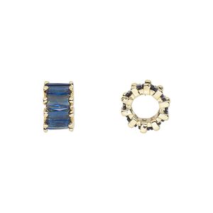 Bead, cubic zirconia and gold-plated brass, sapphire, 10.5x6mm rondelle. Sold per pkg of 2.
