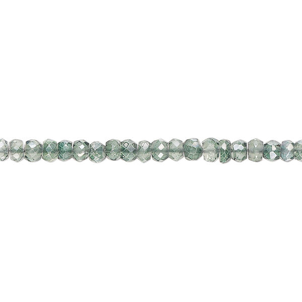 Bead, quartz crystal (coated), light green, 3x2mm-4x3mm hand-cut faceted rondelle, B grade, Mohs hardness 7. Sold per 13-inch strand, approximately 160 beads. image number 0
