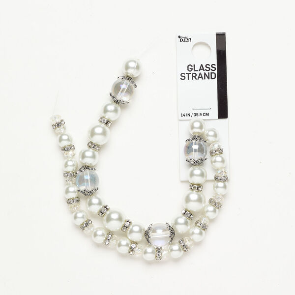 Bead and bead cap assortment 1pkg1, glass and antique silver-finished "pewter" (zinc alloy), opaque and transparent off-white and clear AB, 7-12mm round / 6x4mm-7x3mm rondelle / 11x5mm bead cap, 13-1/2 inches. image number 0