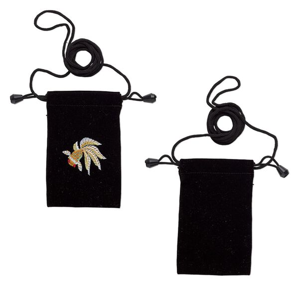 Pouch, velveteen with metallic embroidery, black and multicolored, 5x3 inches with koi design, 26-inch shoulder strap. Sold per pkg of 2. image number 0