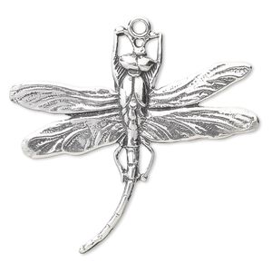 Focal, antiqued sterling silver, 39x33mm single-sided dragonfly. Sold individually.