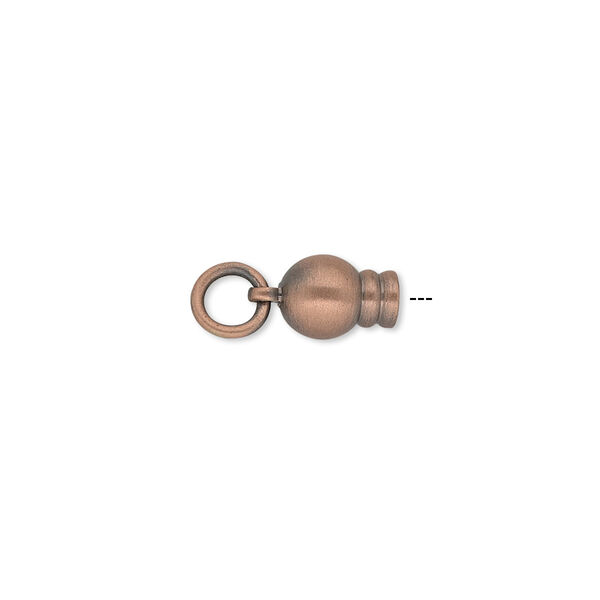 Ball end, antique copper-plated brass, 11x6mm with jump ring, for use with Dione® Easy-On Chain. Sold per pkg of 2. image number 0