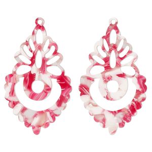 Focal, resin, pink / red / white, 50x31mm fancy teardrop with cutouts. Sold per pkg of 2.
