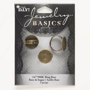 Ring, steel, pkg/3, antique brass finish, adjustable with 16mm round setting.