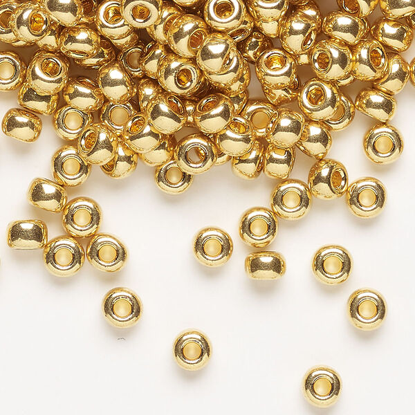Seed bead, Miyuki, glass, pkg/250g, #6 rocaille, opaque 24Kt gold-plated (RR-191). image number 0