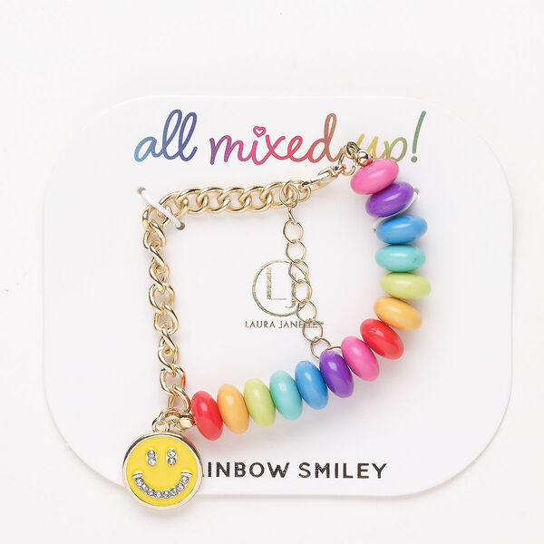 Bracelet, steel / brass / glass / acrylic / enamel, pkg/1, 6 inches with lobster claw clasp and 1-1/2-inch extender chain, gold finish and multicolored, Rainbow Smiley theme. image number 0