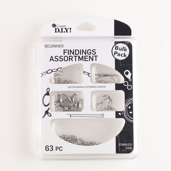 Finding assortment, stainless steel, pkg/1, assorted sizes and shapes, silver finish and antique silver finish. image number 0