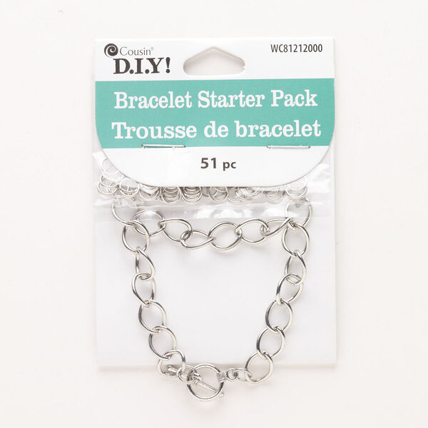 Bracelet starter kit, steel, pkg/1, 6mm 21-gauge open jump rings and 8mm curb chain, silver finish. image number 0