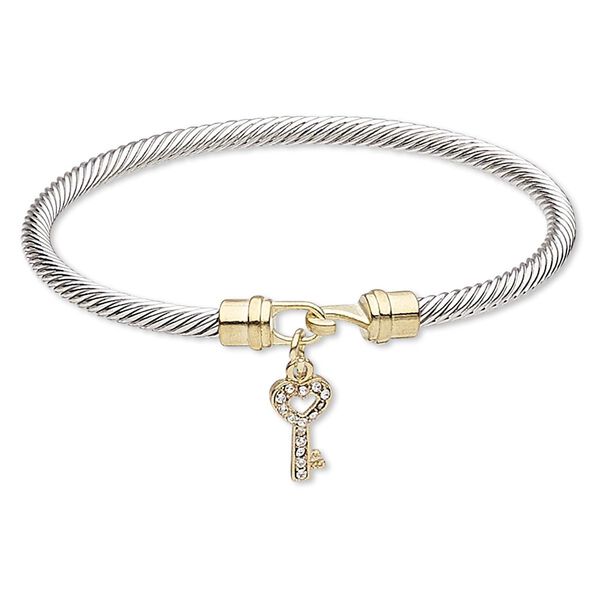 Bracelet, bangle, Czech glass rhinestone / gold-finished "pewter" (zinc-based alloy) / silver-plated brass, clear, 4mm twisted cable with 16x8mm key, 7-1/2 inches with hook-and-eye clasp. Sold individually. image number 0