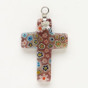 Focal 1pkg1 silver-finished steel and millefiori glass, translucent and transparent light purple and multicolored, 30x20mm-32x24mm cross.