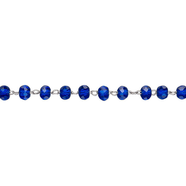 Chain, glass and stainless steel, cobalt, 3.5mm faceted rondelle. Sold per pkg of 1 yard. image number 0