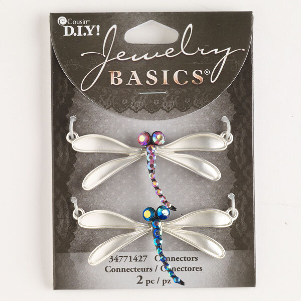 Focal assortment, matte silver-colored copper / black-finished brass / glass, pink and blue AB , 53x28mm dragonfly with 2 loops. Sold per pkg of 2. image number 0