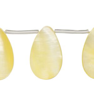 Bead, mother-of-pearl shell (dyed), yellow, 24x5mm-29x9mm top-drilled flat teardrop, Mohs hardness 3-1/2. Sold per 14-inch strand, approximately 15 beads.