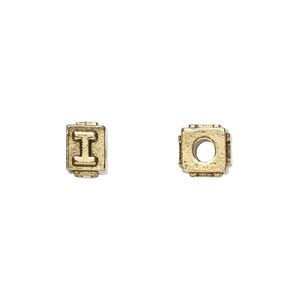 Bead, antique gold-plated pewter (tin-based alloy), 8x6mm rectangle with alphabet letter "I." Sold per pkg of 4.