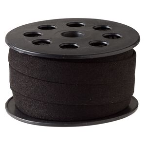 Cord, leather (dyed), black, 14mm flat. Sold per 10-meter spool.