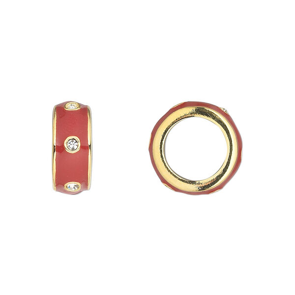 Bead, Dione®, enamel / crystals / gold-finished "pewter" (zinc-based alloy), red and crystal clear, 14x5.5mm rondelle. Sold individually. image number 0