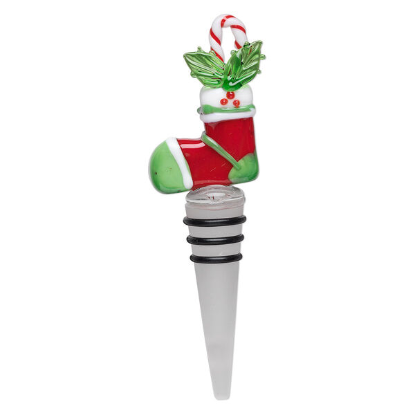 Wine bottle stopper, lampworked glass, frosted clear/red/green, 5x1-1/2 inch with stocking topper and three rubber rings. Sold individually. image number 0