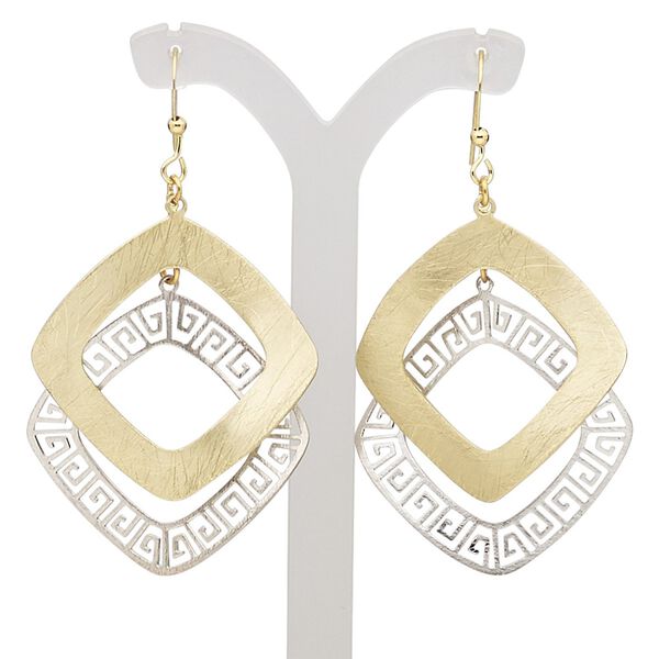 Earring, gold-finished steel and imitation rhodium-plated brass, 2-1/2 inches with scratched open wavy diamond and scratched open wavy diamond with Greek key cutout design and fishhook ear wire. Sold per pair. image number 0