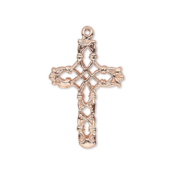Drop, copper, 27x19mm filigree cross. Sold per pkg of 2. image number 0