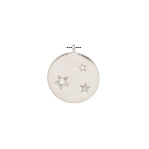 Drop, cubic zirconia and rhodium-plated sterling silver, clear, 15.5mm single-sided round with stars. Sold individually.